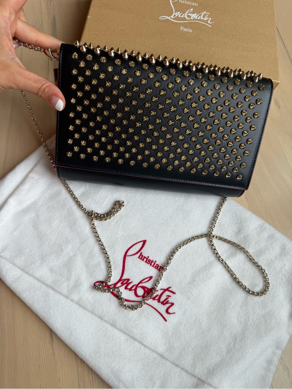 Christian Louboutin Black Spike-Studded Leather Crossbody Bag with Gold Spikes